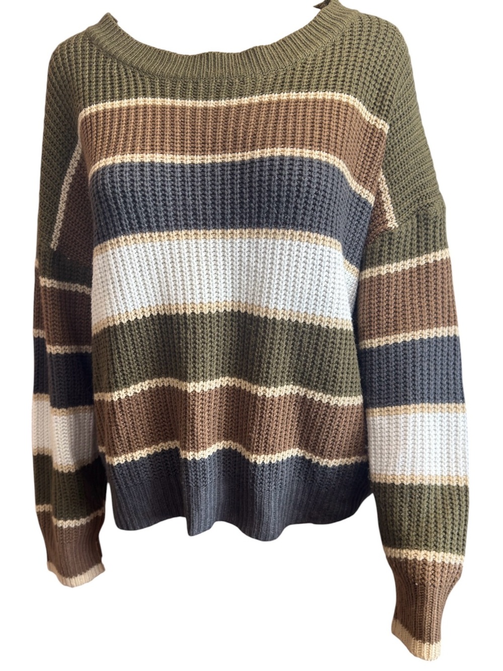 Striped Off-Shoulder Knit Sweater in Olive, Brown & White - Picture 10 of 11